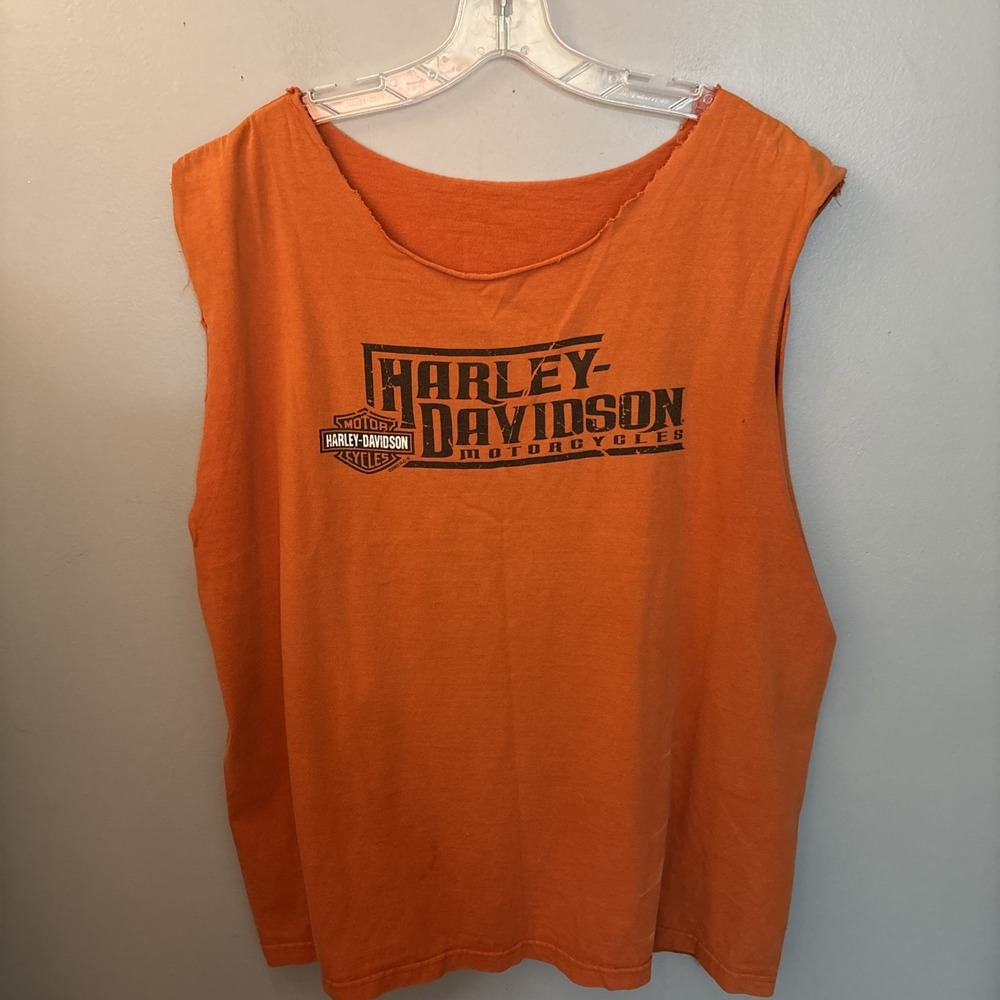 Vintage Y2K Harley Davidson Orange Muscle T-Shirt Graphic Men's Size 2XL